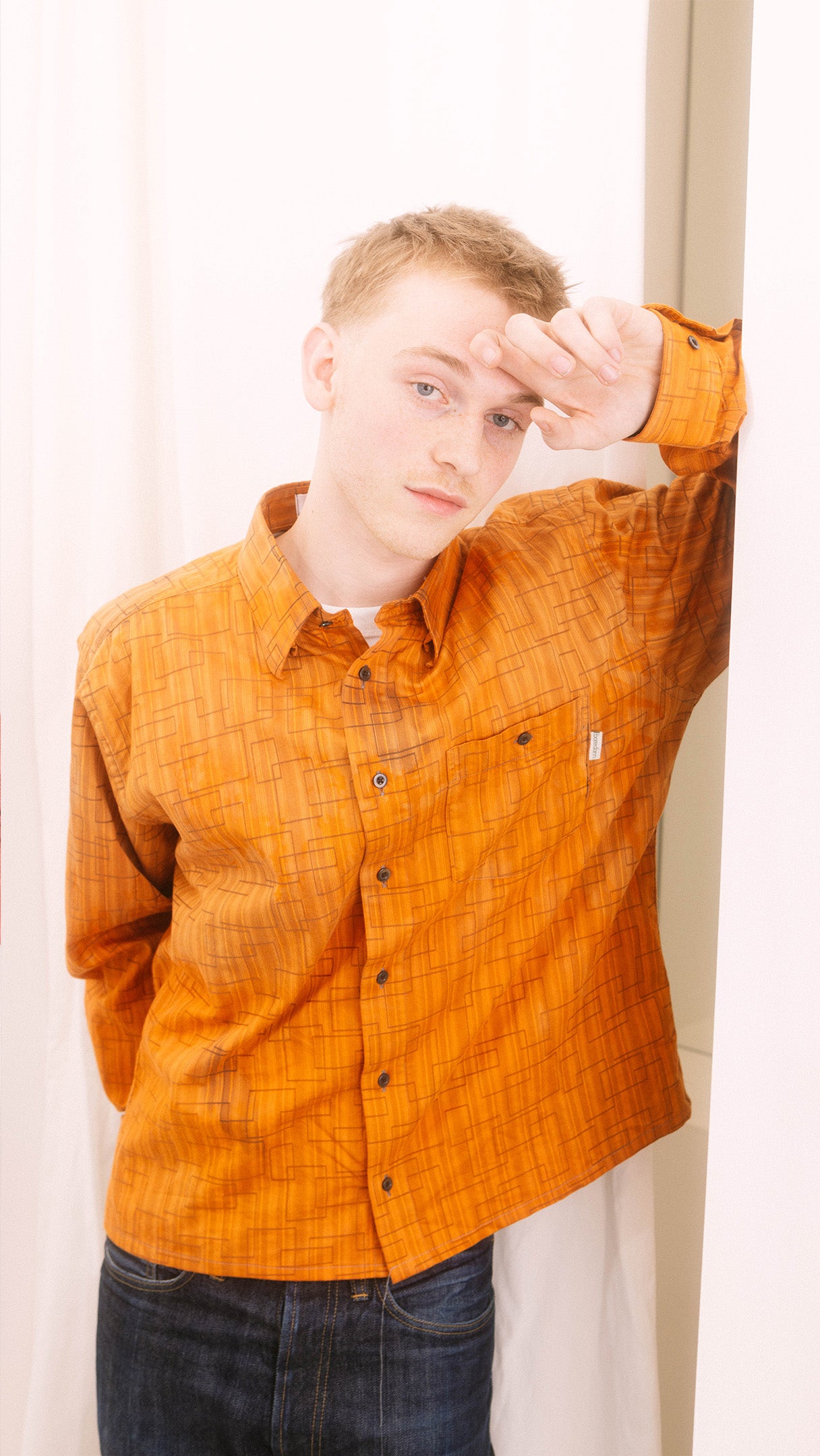 Recycled Button-Up Shirt - Orange Rectangles - M/L