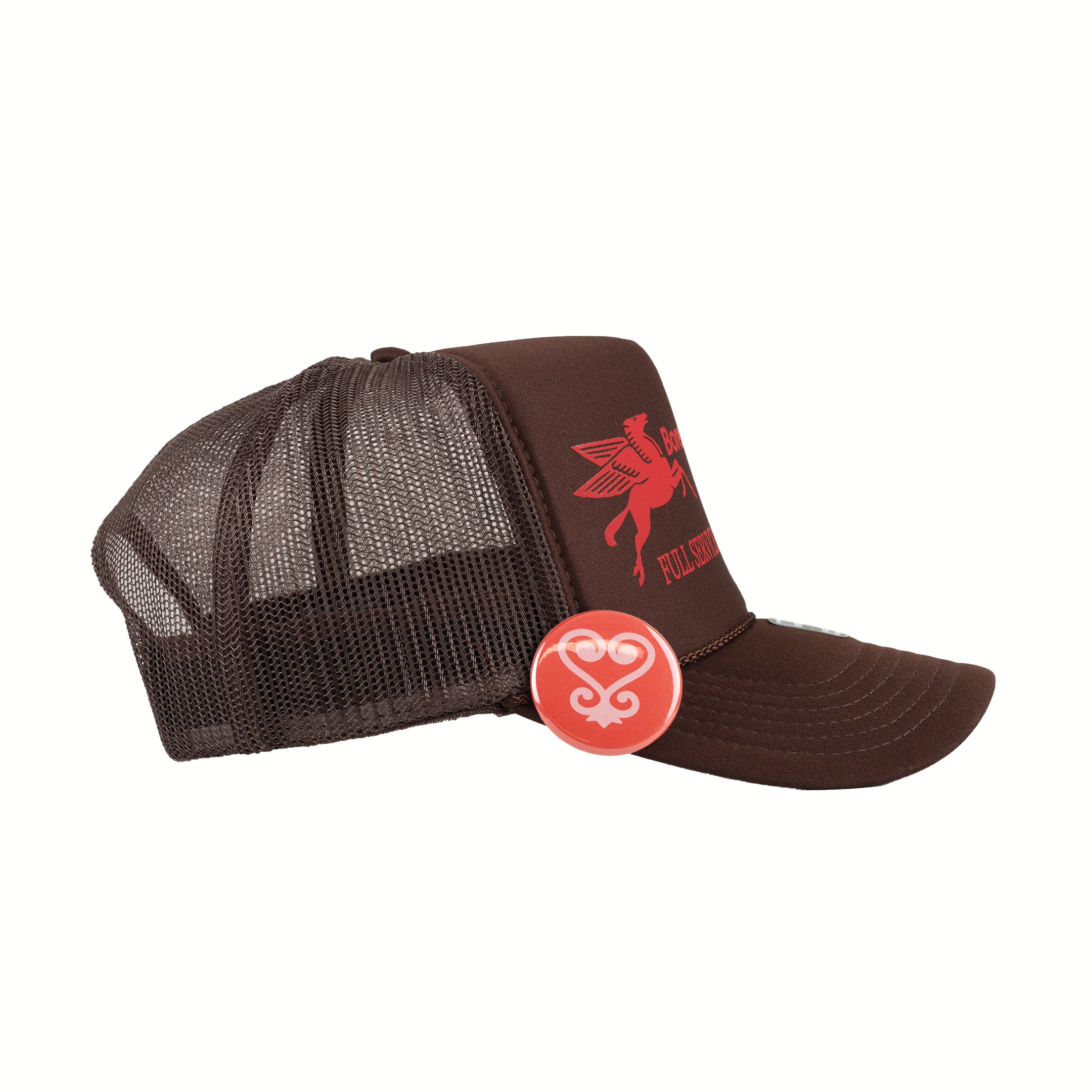 Gas Station Trucker Hat - Brown / Red / Button